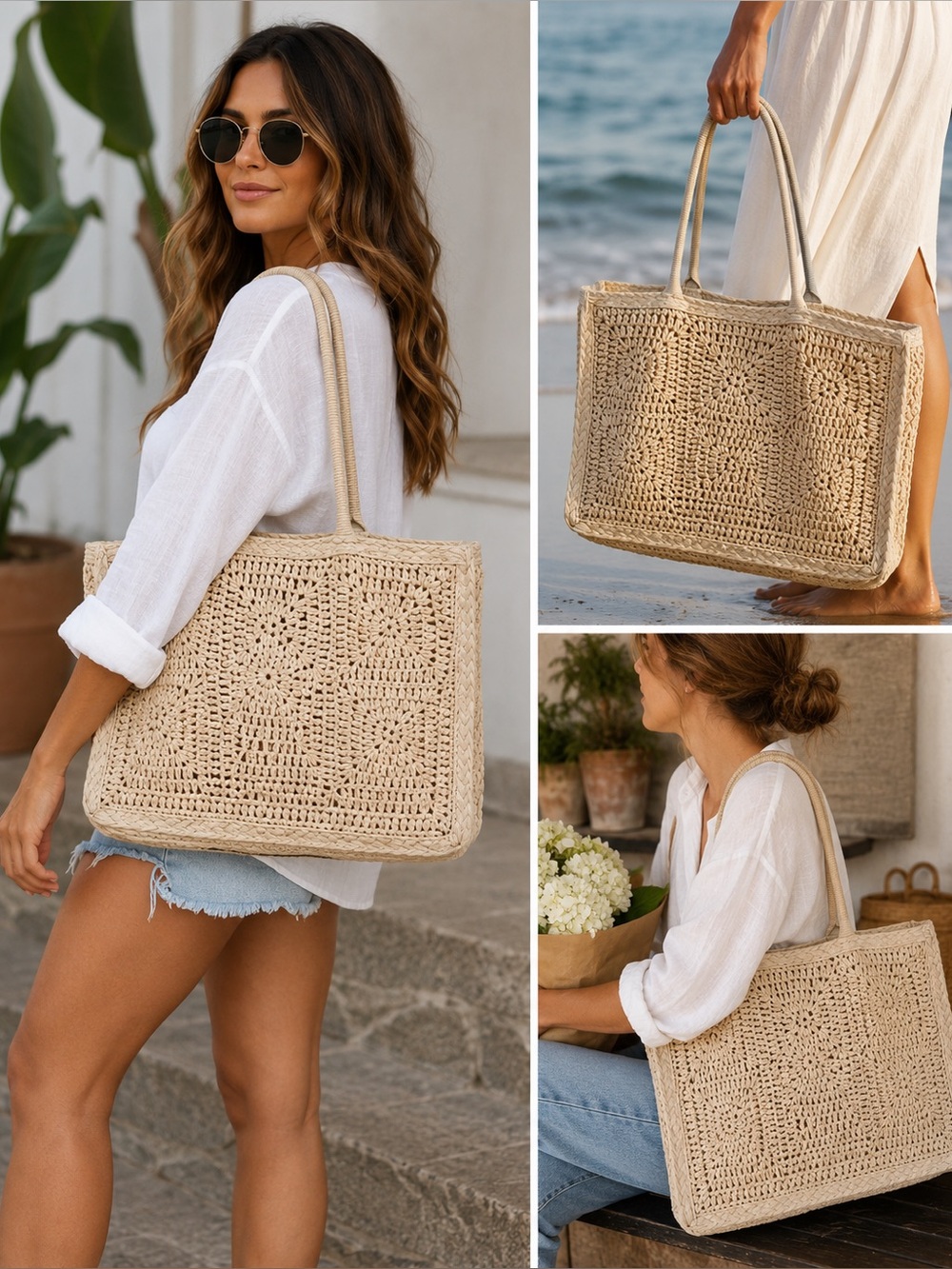Neutral Straw Crochet Tote Bag – Beige Woven Shoulder Tote